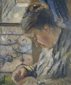 握在窗口旁边的夫人Pissarro画象，19世纪